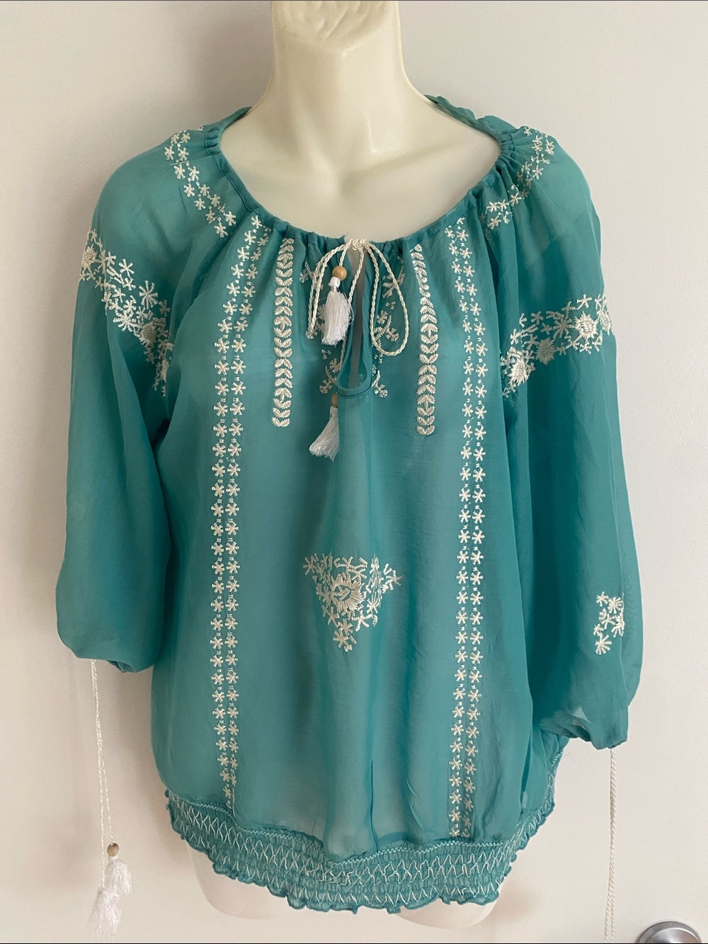 DEX Boho Embroidered Teal & White Peasant Blouse in silk & cotton Size Large